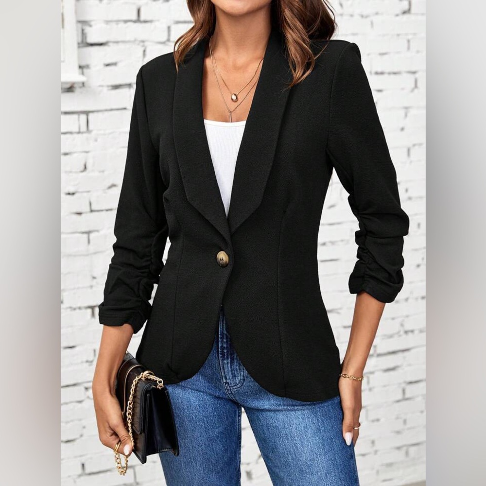 BizChic Women's Ruffle Cuff Single Button Blazer Jacket, Office Work Wear